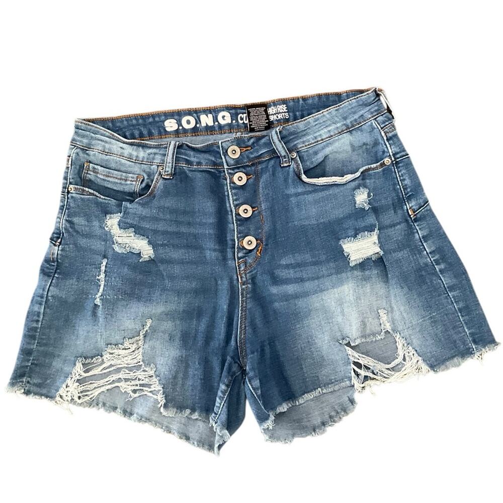 S.O.N.G Jean distressed Shorts Junior Curvy Button Fly High Rise Size 13 EUC